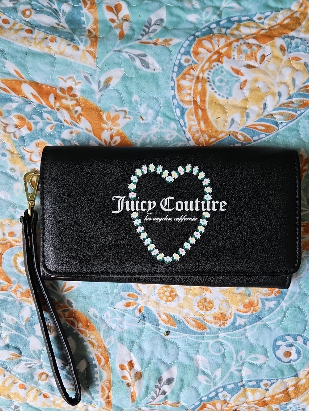 NWOT! Juicy Couture Y2K Brand Black Wristlet Wallet with Daisy Heart - Picture 1 of 4